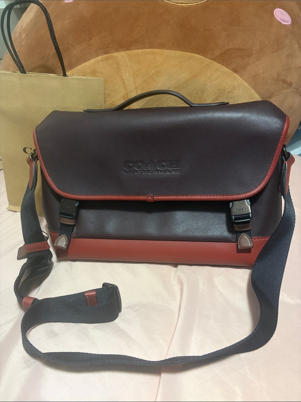 Coach Men's Two-Tone Leather Messenger Bag in Burgundy and Red-Orange